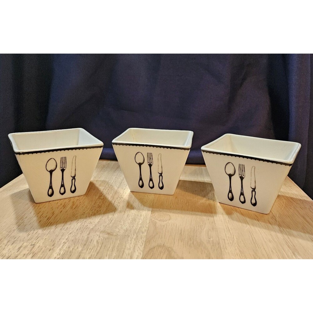 Set Of 3 Ciroa Porcelain Square Mini Bowls Utensil Print for dips or dessert